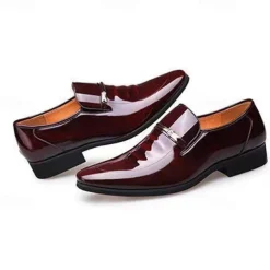 Men's Black Patent Leather Loafers with Metal Decoration for Formal and Casual Wear