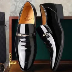 Men's Black Patent Leather Loafers with Metal Decoration for Formal and Casual Wear