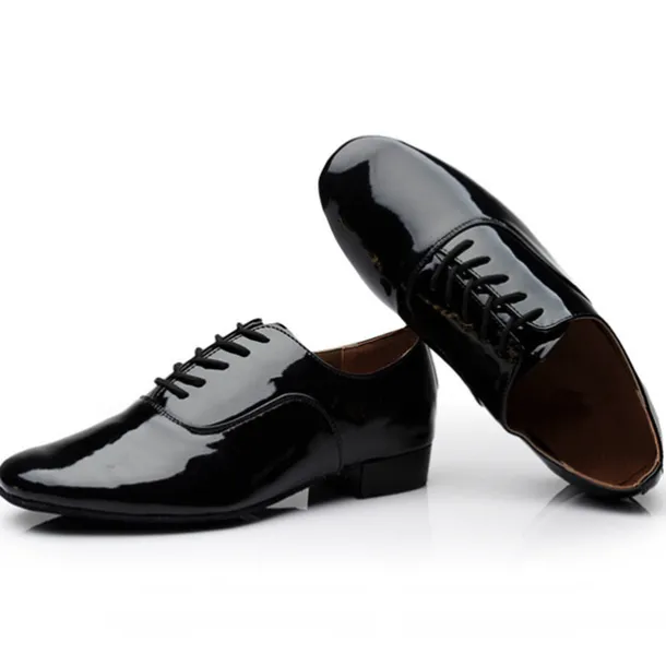 Men's Black Patent Leather Ballroom Dance Shoes - Oxford Style, Lace-Up, Comfortable Sole for Latin and Tango