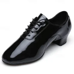 Men's Black Patent Leather Dance Shoes with Lace-Up Design – Comfortable Ballroom & Social Dance Shoes with Low Heel and Soft Suede Sole