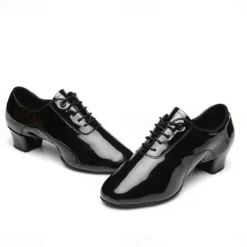Men's Black Patent Leather Dance Shoes with Lace-Up Design – Comfortable Ballroom & Social Dance Shoes with Low Heel and Soft Suede Sole