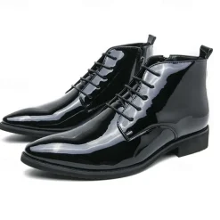 Men's Black Patent Leather Dress Boots – Stylish Lace-Up, Formal and Casual Wear, Perfect for Events and Work
