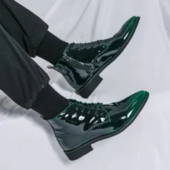 Men's Black Patent Leather Dress Boots – Stylish Lace-Up, Formal and Casual Wear, Perfect for Events and Work