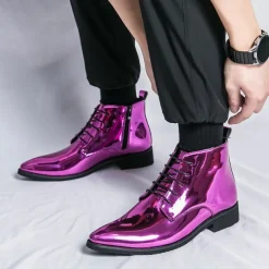 Men's Black Patent Leather Dress Boots – Stylish Lace-Up, Formal and Casual Wear, Perfect for Events and Work