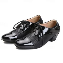 Men's Black Patent Leather Ballroom Dance Shoes – Latin Tango Performance Lace-Up Shoes with Low Heel