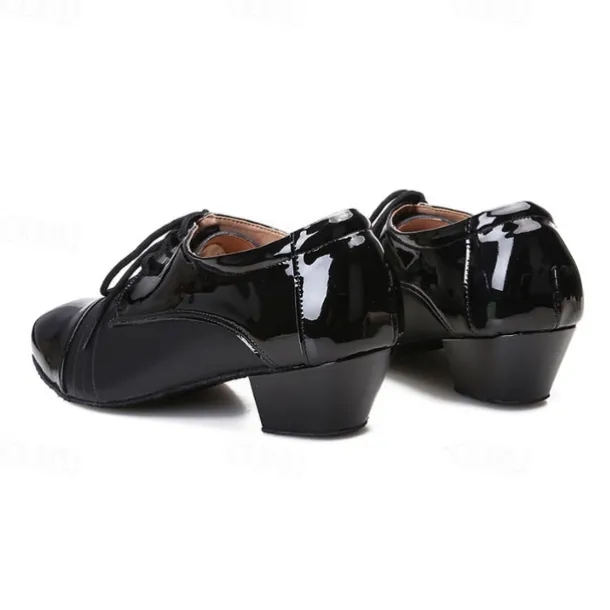 Men's Black Patent Leather Ballroom Dance Shoes – Latin Tango Performance Lace-Up Shoes with Low Heel