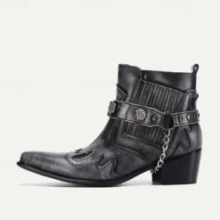Men's Black Premium Cowhide Leather Motorcycle Boots with Western Style, Metal Studded Strap, and Chain Accent – Perfect for Biker and Cowboy-Inspired Fashion