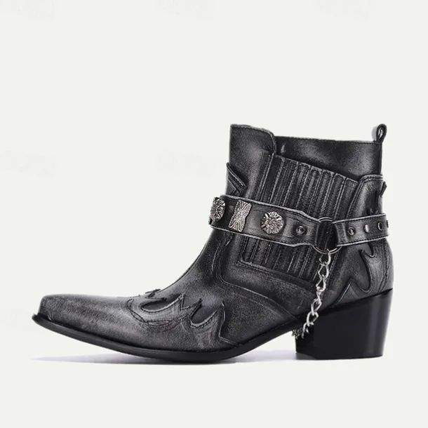 Men's Black Premium Cowhide Leather Motorcycle Boots with Western Style, Metal Studded Strap, and Chain Accent – Perfect for Biker and Cowboy-Inspired Fashion