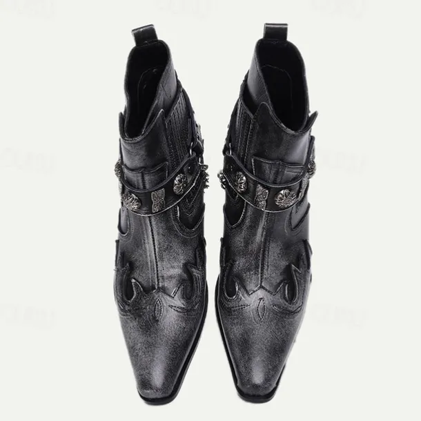 Men's Black Premium Cowhide Leather Motorcycle Boots with Western Style, Metal Studded Strap, and Chain Accent – Perfect for Biker and Cowboy-Inspired Fashion