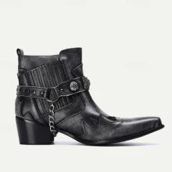 Men's Black Premium Cowhide Leather Motorcycle Boots with Western Style, Metal Studded Strap, and Chain Accent – Perfect for Biker and Cowboy-Inspired Fashion