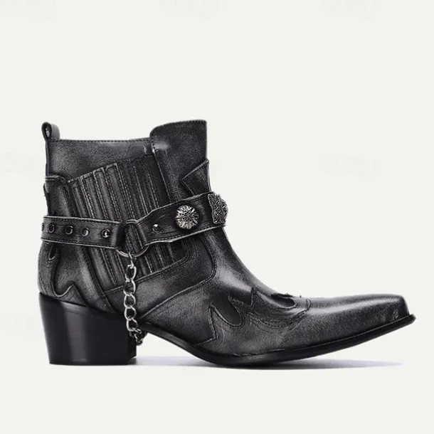 Men's Black Premium Cowhide Leather Motorcycle Boots with Western Style, Metal Studded Strap, and Chain Accent – Perfect for Biker and Cowboy-Inspired Fashion