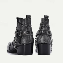 Men's Black Premium Cowhide Leather Motorcycle Boots with Western Style, Metal Studded Strap, and Chain Accent – Perfect for Biker and Cowboy-Inspired Fashion