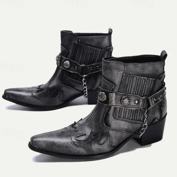 Men's Black Premium Cowhide Leather Motorcycle Boots with Western Style, Metal Studded Strap, and Chain Accent – Perfect for Biker and Cowboy-Inspired Fashion