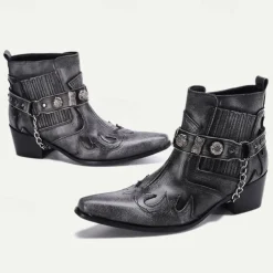 Men's Black Premium Cowhide Leather Motorcycle Boots with Western Style, Metal Studded Strap, and Chain Accent – Perfect for Biker and Cowboy-Inspired Fashion