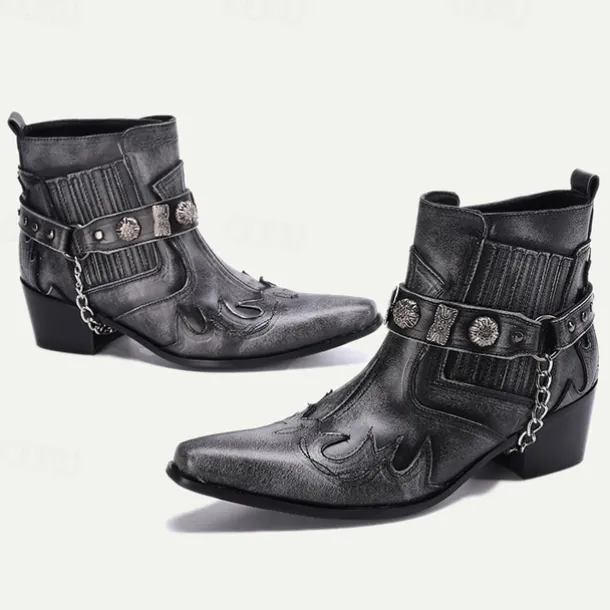 Men's Black Premium Cowhide Leather Motorcycle Boots with Western Style, Metal Studded Strap, and Chain Accent – Perfect for Biker and Cowboy-Inspired Fashion