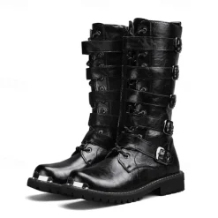 Men's Black Steampunk Motorcycle Boots with Buckle Straps and Rugged Non-Slip Sole - Ideal for Biker Fashion or Gothic Events
