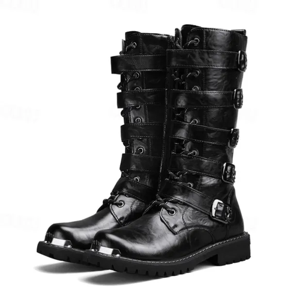 Men's Black Steampunk Motorcycle Boots with Buckle Straps and Rugged Non-Slip Sole - Ideal for Biker Fashion or Gothic Events
