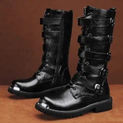 Men's Black Steampunk Motorcycle Boots with Buckle Straps and Rugged Non-Slip Sole - Ideal for Biker Fashion or Gothic Events