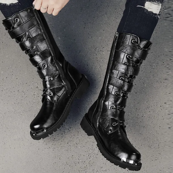 Men's Black Steampunk Motorcycle Boots with Buckle Straps and Rugged Non-Slip Sole - Ideal for Biker Fashion or Gothic Events