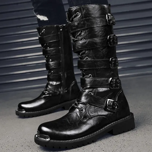 Men's Black Steampunk Motorcycle Boots with Buckle Straps and Rugged Non-Slip Sole - Ideal for Biker Fashion or Gothic Events