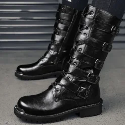 Men's Black Steampunk Motorcycle Boots with Buckle Straps and Rugged Non-Slip Sole - Ideal for Biker Fashion or Gothic Events
