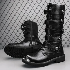 Men's Black Steampunk Motorcycle Boots with Buckle Straps and Rugged Non-Slip Sole - Ideal for Biker Fashion or Gothic Events