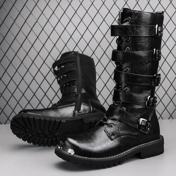 Men's Black Steampunk Motorcycle Boots with Buckle Straps and Rugged Non-Slip Sole - Ideal for Biker Fashion or Gothic Events