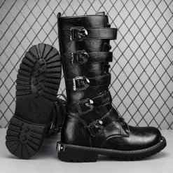 Men's Black Steampunk Motorcycle Boots with Buckle Straps and Rugged Non-Slip Sole - Ideal for Biker Fashion or Gothic Events