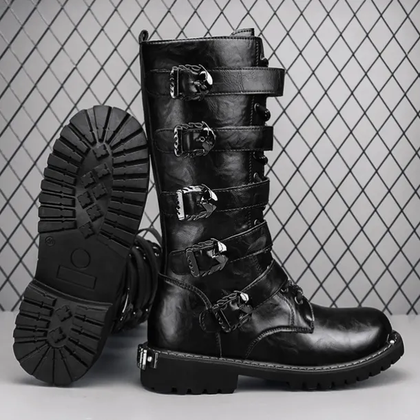 Men's Black Steampunk Motorcycle Boots with Buckle Straps and Rugged Non-Slip Sole - Ideal for Biker Fashion or Gothic Events