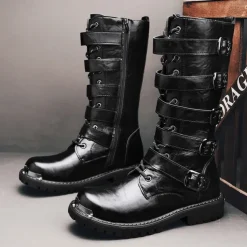 Men's Black Steampunk Motorcycle Boots with Buckle Straps and Rugged Non-Slip Sole - Ideal for Biker Fashion or Gothic Events