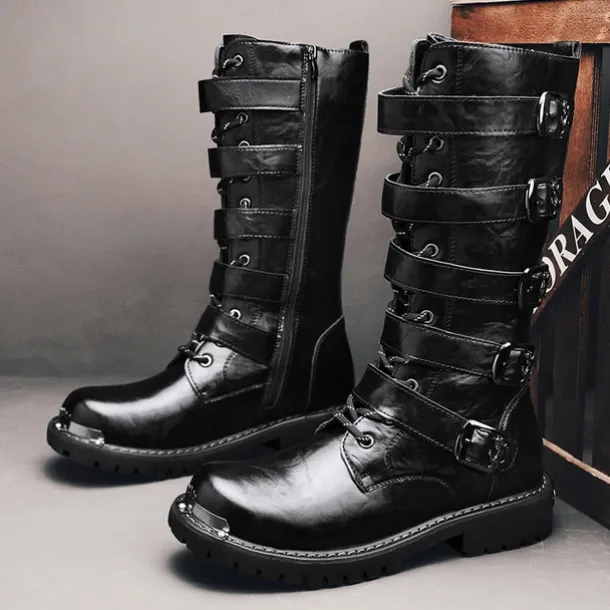 Men's Black Steampunk Motorcycle Boots with Buckle Straps and Rugged Non-Slip Sole - Ideal for Biker Fashion or Gothic Events