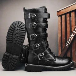 Men's Black Steampunk Motorcycle Boots with Buckle Straps and Rugged Non-Slip Sole - Ideal for Biker Fashion or Gothic Events