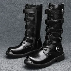 Men's Black Steampunk Motorcycle Boots with Buckle Straps and Rugged Non-Slip Sole - Ideal for Biker Fashion or Gothic Events