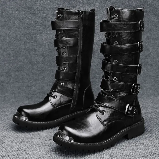 Men's Black Steampunk Motorcycle Boots with Buckle Straps and Rugged Non-Slip Sole - Ideal for Biker Fashion or Gothic Events