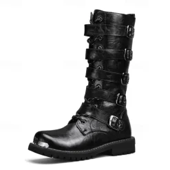 Men's Black Steampunk Motorcycle Boots with Buckle Straps and Rugged Non-Slip Sole - Ideal for Biker Fashion or Gothic Events