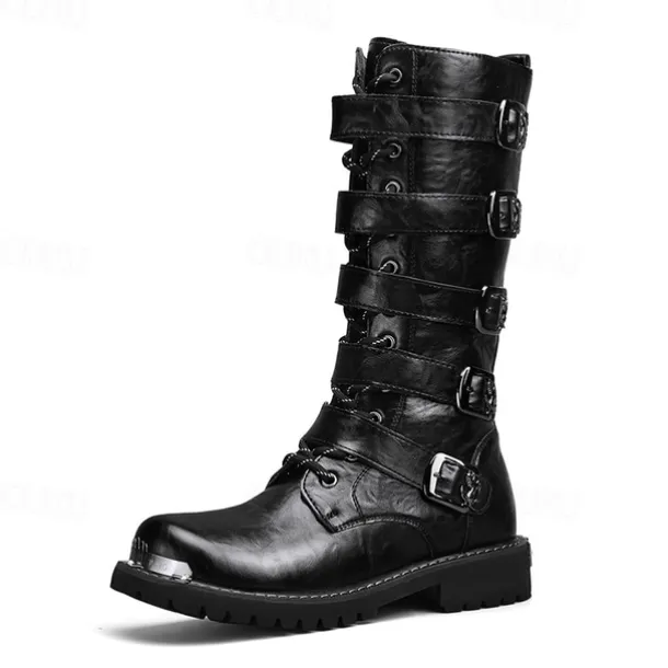 Men's Black Steampunk Motorcycle Boots with Buckle Straps and Rugged Non-Slip Sole - Ideal for Biker Fashion or Gothic Events