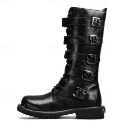Men's Black Steampunk Motorcycle Boots with Buckle Straps and Rugged Non-Slip Sole - Ideal for Biker Fashion or Gothic Events