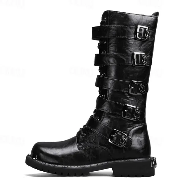 Men's Black Steampunk Motorcycle Boots with Buckle Straps and Rugged Non-Slip Sole - Ideal for Biker Fashion or Gothic Events