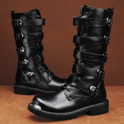 Men's Black Steampunk Motorcycle Boots with Buckle Straps and Rugged Non-Slip Sole - Ideal for Biker Fashion or Gothic Events
