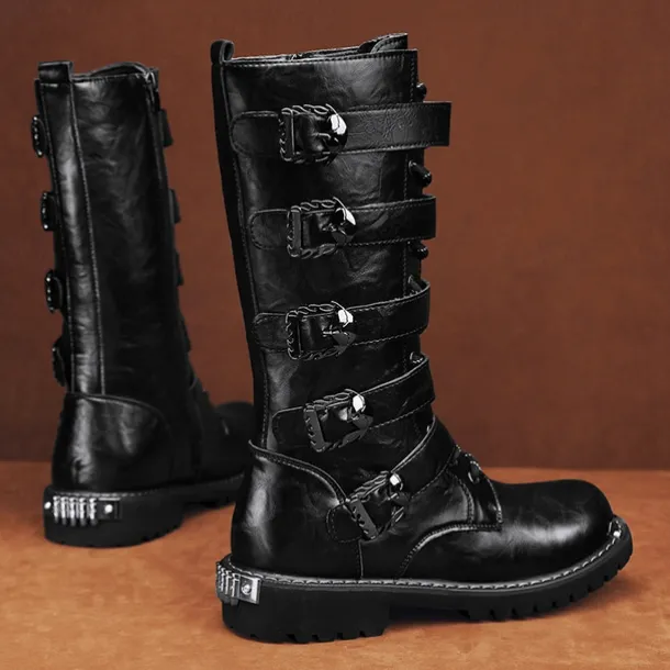 Men's Black Steampunk Motorcycle Boots with Buckle Straps and Rugged Non-Slip Sole - Ideal for Biker Fashion or Gothic Events