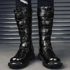 Men's Black Steampunk Motorcycle Boots with Buckle Straps and Rugged Non-Slip Sole - Ideal for Biker Fashion or Gothic Events