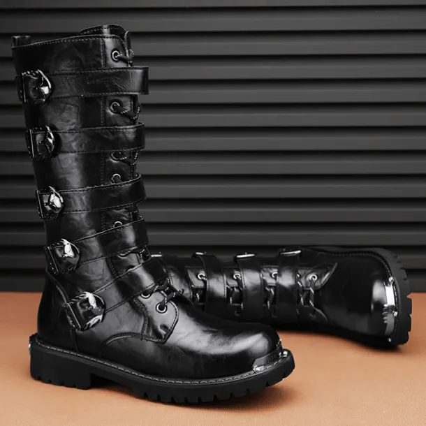 Men's Black Steampunk Motorcycle Boots with Buckle Straps and Rugged Non-Slip Sole - Ideal for Biker Fashion or Gothic Events