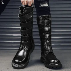 Men's Black Steampunk Motorcycle Boots with Buckle Straps and Rugged Non-Slip Sole - Ideal for Biker Fashion or Gothic Events