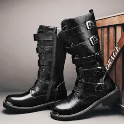 Men's Black Steampunk Motorcycle Boots with Buckle Straps and Rugged Non-Slip Sole - Ideal for Biker Fashion or Gothic Events