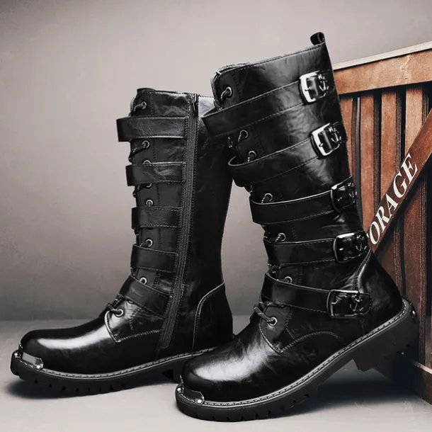 Men's Black Steampunk Motorcycle Boots with Buckle Straps and Rugged Non-Slip Sole - Ideal for Biker Fashion or Gothic Events