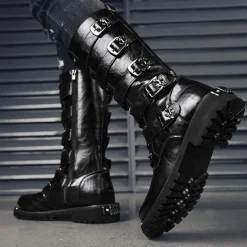 Men's Black Steampunk Motorcycle Boots with Buckle Straps and Rugged Non-Slip Sole - Ideal for Biker Fashion or Gothic Events