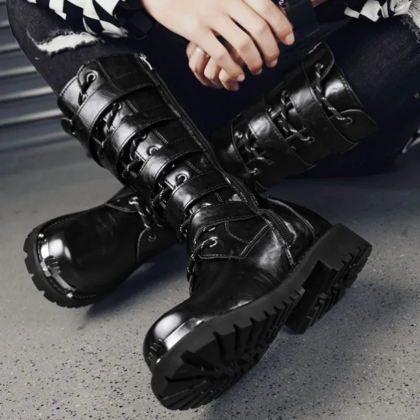 Men's Black Steampunk Motorcycle Boots with Buckle Straps and Rugged Non-Slip Sole - Ideal for Biker Fashion or Gothic Events