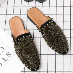 Men's Black Studded Slip-On Loafers – Rhinestone Embellished Mules with Bold Design for Party and Evening Wear