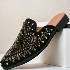 Men's Black Studded Slip-On Loafers – Rhinestone Embellished Mules with Bold Design for Party and Evening Wear