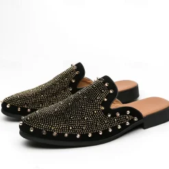 Men's Black Studded Slip-On Loafers – Rhinestone Embellished Mules with Bold Design for Party and Evening Wear